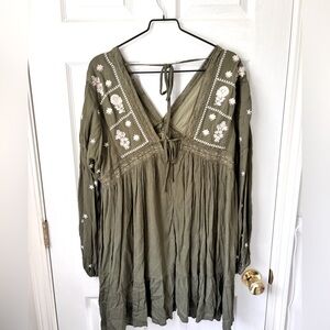 Embroidered Olive Green Boho Dress